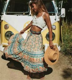 Dresses Hippie Queens Women Gothic Floral Pea Printed High Elastic Waist Beach Bohemian Skirt Ladies Aline Midi Boho Skirts