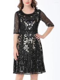 Party Dresses Vintage Women Round Neck Half Sleeve Embroidery Sequin Dress Knee Length Shiny Sequined A-Line Vestidos