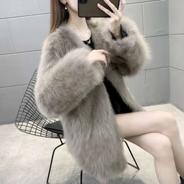 High End Women's Imitation Fox Fur, Medium Length 2023 Winter Haining Fur Coat, V-Neck, Slimming And Trendy Brand 504271