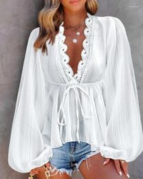 Women's Blouses Elegant White Lace For Women 2024 Spring Trim Embroidery Stitching Plunge Bow Tie Up Lantern Sleeve Top Shirt