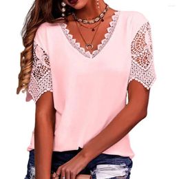 Women's Blouses Summer Lace Stitching Petal Sleeve V-Neck Short-Sleeved T-Shirt Fashion Casual Loose Solid Color Vintage Blouse Tops