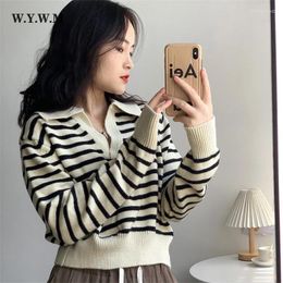 Women's Sweaters WYWM Korean V-neck Strpie Knitted Sweater Women Winter Polo Collar Crop Pullover Female Vintage All-match Tops