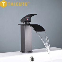 TAICUTE Waterfall Basin Sink Faucets Mixer Tap Water Stainless Steel Bathroom Accessories Black Chrome 240228