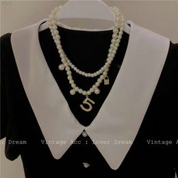 Wholesale Vintage Double Layer Resin Pearl Beaded Chain Diamond Number 5 Pendant Necklace