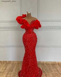 Urban Sexy Dresses Aso Ebi Mermaid Prom Ruffles Off Shoulder Reception Dress Sparkly Sequins Red Formal Evening Gowns African Black Girls Pageant Q240307