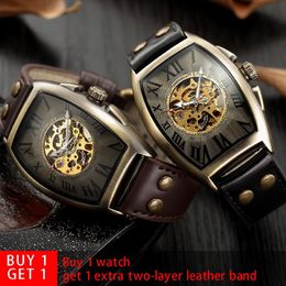 Shenhua 2019 Vintage Automatic Watch Men Mechanical Wrist Watches Mens Fashion Skeleton Retro Bronze Watch Clock Montre Homme J190261W