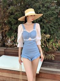 Swimwear New 2021 Girls' Short Sleeved Skinny and Meat Covered Onepiece Swimsuit Students' Hot Spring Leisure Swimsuit with Bra