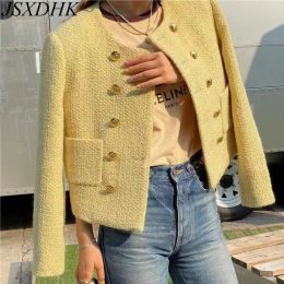 Jackets JSXDHK Runway Women Yellow Tweed Jackets 2023 New Chic Autumn O Neck DoubleBreasted Ladies Poacket Woollen Short Outerwear Mujer