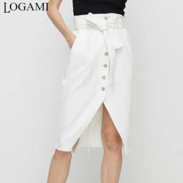 Skirt LOGAMI White High Waist Irregular Split Knee Length Denim Skirts Womens Summer Autumn Midi Pencil Skirt OL Skirt With Sashes