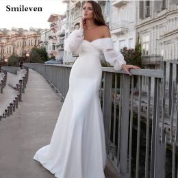 Dresses Smileven Satin Mermaid Wedding Dresses Long Fuff Sleeve Sexy Lace Beach Bride Dresses Off the Shoulder Boho Bridal Gowns