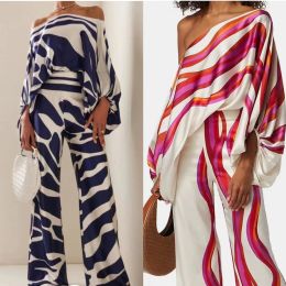 Suits Chic Print Lantern Sleeve Satin Top Wide Leg Pant Suit Women Sexy Off Shoulder Long Sleeve 2 Piece Set Casual Office Lady Outfit