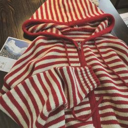 Cardigans Vintage Red Stripes Hooded Knitted Cardigan Woman Autumn Korean Casual Oversized Sweater Zipper Coat Long Sleeve Loose Outerwear