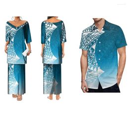 Party Dresses 2024 Women's Quality Fabric Polynesian Custom Puletasi Dress Men's Shirt Couple Suit Banquet Elegant V-Neck