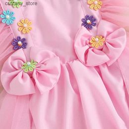 Jumpsuits Infant Baby Girls Romper Dress Square Neck Mesh Fly Sleeve Flower Tulle Bodysuits 3D Bow Headband Summer Clothes L240307