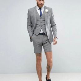 Suits Light Grey Shorts Summer Elegant Men's Suit (Jacket +Pants+Vest) Casual Groom Tuxedo Beach Wedding Suits Best Man Blazer