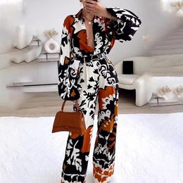 Women's Two Piece Pants 2 Sets Womens Outfits Long Voluminous Sleeve Shirt And Wide Leg Vintage Print Co Ord Set Women Clothing