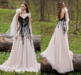 Rustic Country Black Lace A Line Wedding Dresses Spaghetti Straps Backless Bohemian Bridal Gowns Tulle Sweep Train Women Bride Plus Size Vestidos De Novia CL3360