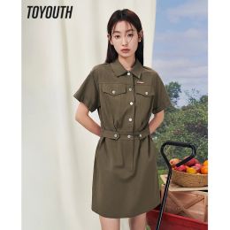 Dress Toyouth Women Shirt Dress 2023 Summer Short Sleeve Polo Neck Ashape Button Waist Brownish Green Retro Casual Midlength Skirt