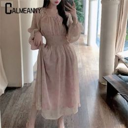 Dress Women Dress 2023 Summer Korean Edition Elastic Round Collar High Waist Long Sleeves Chiffon Waist Retraction ALine Dresses