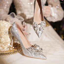 Dress Shoes Size 32-43 Silver Wedding Stiletto Heel Pointed Toe Rhinestone Crystal Bow Bridal High-heeled