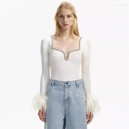 Women's Sweaters 2024 Spring V-neck Diamond-studded Ostrich Feather Cuffs Spliced Pullover Knitted Y2k High-quality Stretchcasual Top