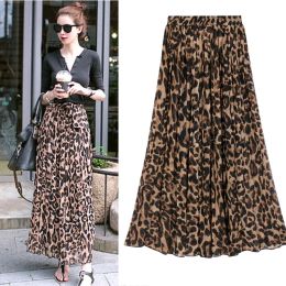 Skirt TingYiLi Summer Women Long Leopard Print Skirt Elastic High Waist Chiffon Pleated Slim Fit Casual Maxi Skirt