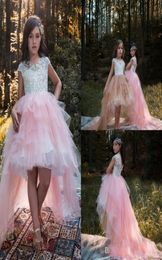 2019 Cute Pink Girls Pageant Dresses Lace Applique Tulle Tiered High Low Flower Girls Dress For Wedding Birthday Party6769165
