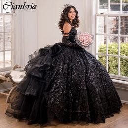 Black Sequined Lace Ruffles Ball Gown Quinceanera Dresses Detachable Sleeve 3D Flowers Corset Vestidos De 15 Anos