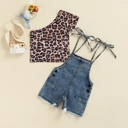 Clothing Sets 1-4Y Fashion Children Baby Girls Clothes One Shoulder Leopard Print Tops Blue Denim Suspender Shorts 2pcs Summer Outfit