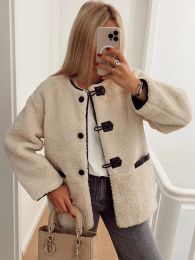 Fur Foridol Women Casual Teddy Bear Faux Fur Winter Coat Buttons Oversize O Neck Apricot Vintage Coat Outwear 2024 Female Fur Coat
