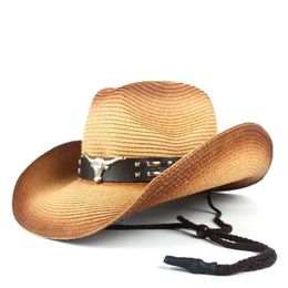 Women Men Hollow Western Cowboy Hat Lady Summer Straw Sombrero Hombre Beach Cowgirl Jazz Sun Hat Wind Rope Size 57-59CM2135