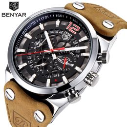 BENYAR Chronograph Sport Mens Watches Fashion Brand Military Waterproof Leather strap Quartz Watch Clock Relogio Masculino257T