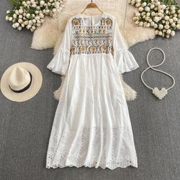 Party Dresses Boho Holiday Long For Women Embroidery Flare Sleeve O-neck Crochet Hollow Out Dress French Chic Female Vestidos Dropship