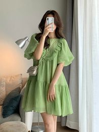Green Maternity Summer Clothes Fashion Plus Size Pregnant Woman Puff Sleeve Ruffles Patchwork ONeck Pregnancy Dresses 240228