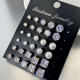 Waterproof 15 Pairs Sets Dainty Diamond Earrings Women Fashion Jewellery Wholesale Zircon Crystal Round/square/pearl Stud