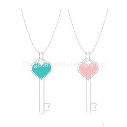 Pendant Necklaces Pendants Genuine Cyan T Series Blue Pink Heart Key Pendant Real 925 Sier Necklace Women Jewelry Love Girl Valentines Dhl82