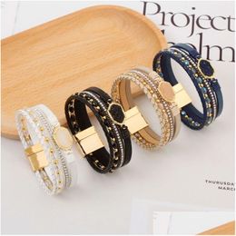 Chain Leather Mti-Layer Wrap Diamond Bracelet Women Stainless Steel Magnetic Buckle Crystal Bracelets Bangle Cuff Jewellery Drop Delive Dhndn