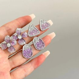 Backs Earrings Light Luxury Gradient Crystal Geometric Female Rhinestone Purple Flower Clip On Without Piercing For Women