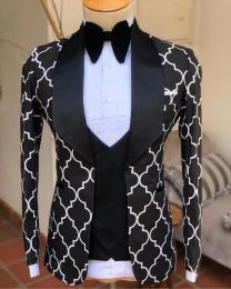 Suits Customize latest fashion coat black white plaid wedding suits for men formal 3piece groom prom mans suit jackets vest and pants