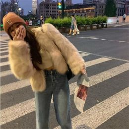 Fur 2023 Fashion Fall Winter Women Short Faux Fur Coat Black Pink White Long Sleeve Thick Jacket O Neck Hair Loose Warm Plush Coat