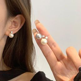 Stud Earrings Real 925 Sterling Silver For Women Crystal Fine Jewellery Female White Grey Simulation Pearl Earings