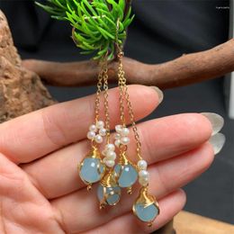 Dangle Earrings Charm Blue Jade Pearl Tassel Drop 14K Gold Vintage Chinese Stone For Women Trendy Gift Jewellery