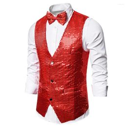 Men's Vests Men Dressy Sequin Vest V Neck Bow Tie Set For Retro Disco Groom Wedding Party Single-breasted Sleeveless