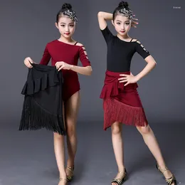 Stage Wear Latin Dance Costume Children's And Girls Long Sleeved Tassel Dress Performance Suit Two-piece Set Samba Skirt