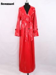 Jackets Nerazzurri Autumn Extra Long Soft Red Reflective Shiny Patent Leather Trench Coat for Women Double Breasted Maxi Korean Fashion