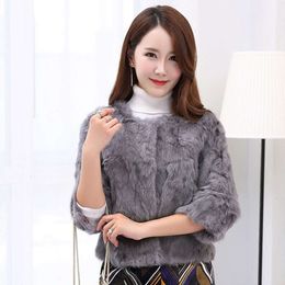 New Haining Solid Color 3/4 Sleeves Round Neck Short Rabbit Hair Fur Integrated Women's Coat 543420