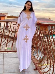 Elegant Gold Embroidered Kaftan Retro V-neck White Dress Plus Size Women Clothes Summer Beach Wear Swim Maxi Dresses Beach Dress Bag 303