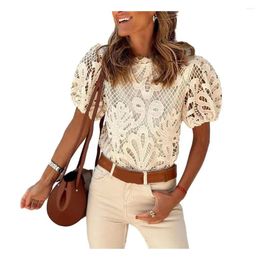 Women's Blouses Women Lace Top Elegant Embroidered Blouse With Puff Sleeves Vintage O-neck Pullover For Summer Streetwear