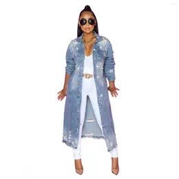 Women's Trench Coats Spring Autumn Denim For Women Long Sleeved Windbreaker Jacket Cardigan Vintage Cape Lapel Tassels Hole Coat Jean