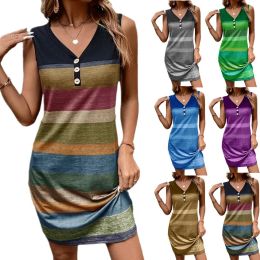 Dress New Summer Women's 2023 Fashion Stripe Print Button Loose Tank Top ALine Dress Casual Plus Size Sexy VNeck Sleeveless Dress